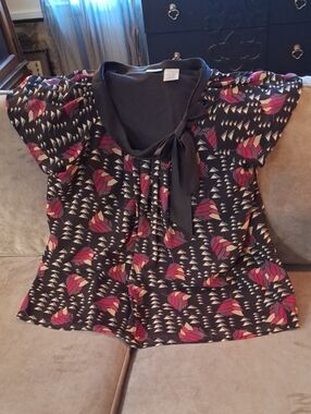 Worthington Black Printed Tie-Neck Blouse with Pink Accents XL